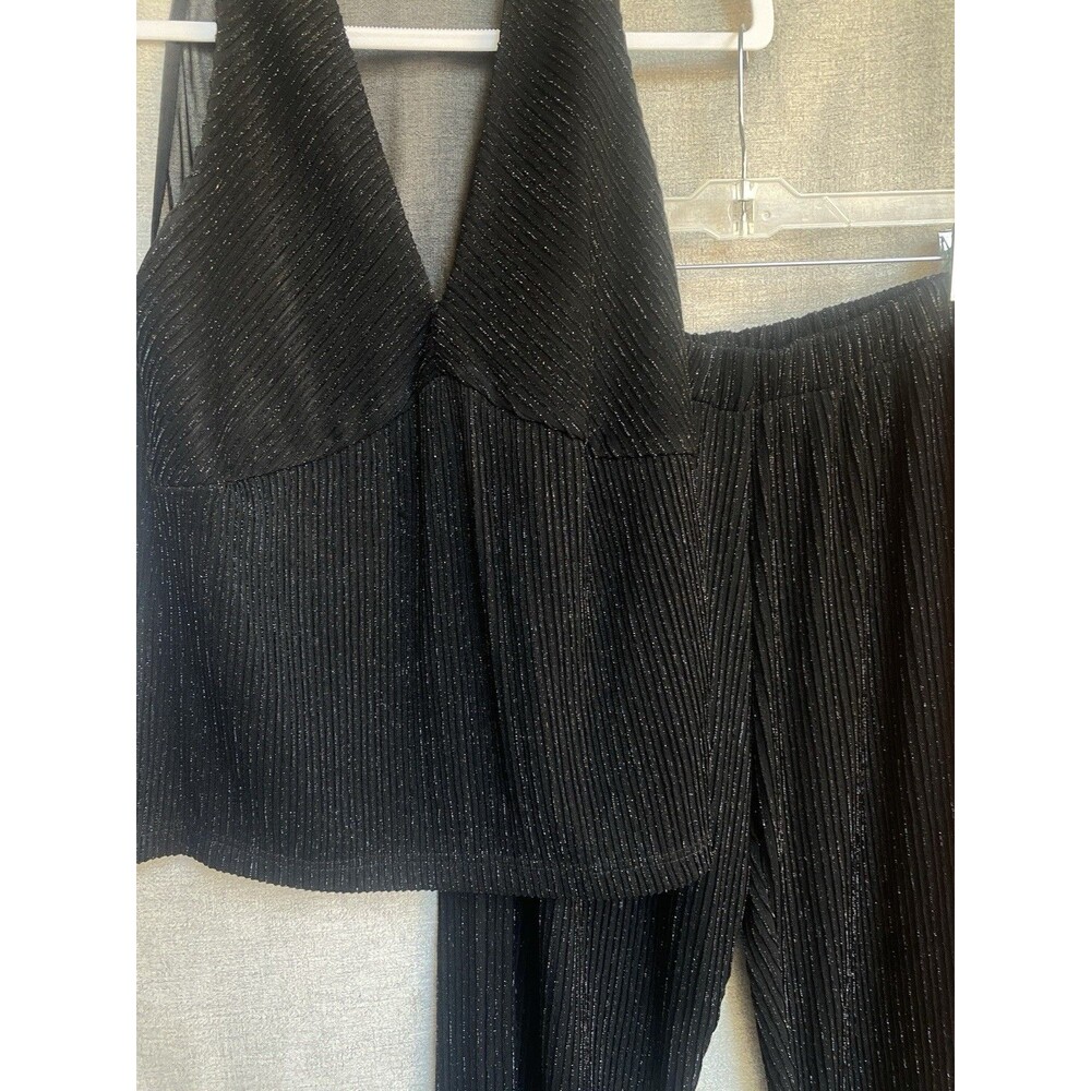 Vintage Black Shimmer Stretch 2 Pc Pant Top Set Sleeveless V Neck Holiday Party